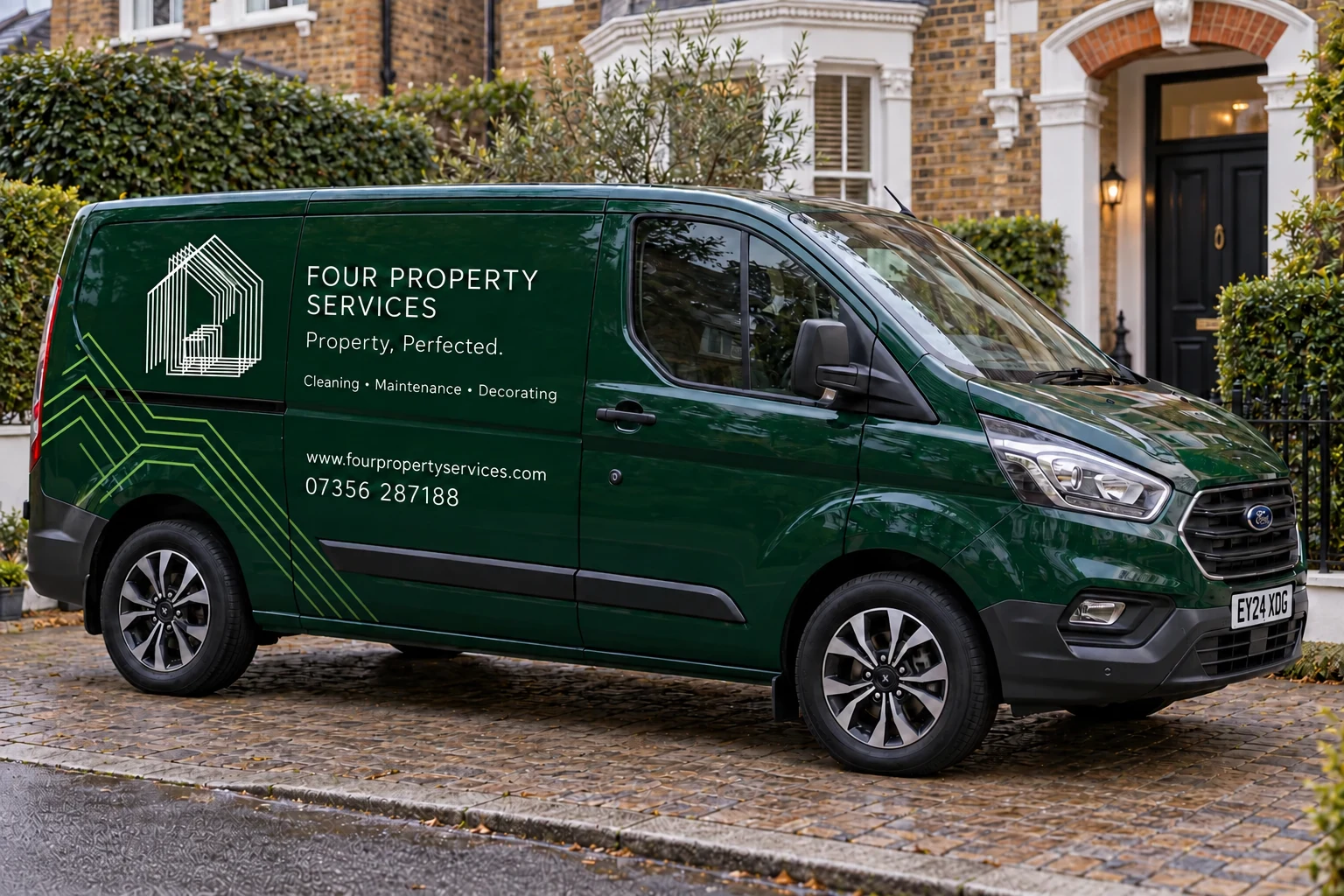 Green Transit van with FOUR Property Services branding
